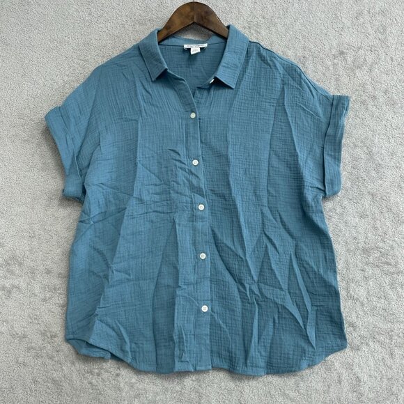NEW Jessica Simpson Gauze Women's M Blue Button-Down Short sleeve Shirt - Picture 3 of 9